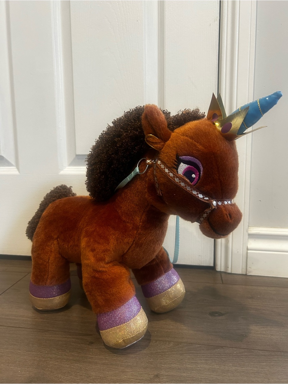 Build-A-Bear Afro Unicorn Plush Brown Gold Purple Crown Horse